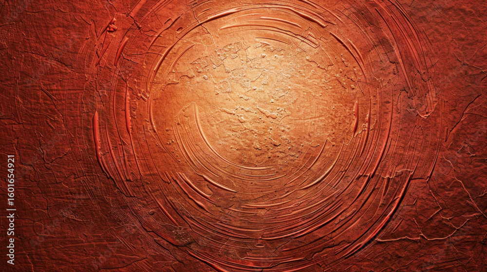 Poster textured surface with deep red background and circular highlight at center, creating warm and inviti