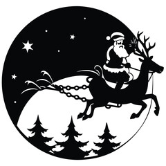 Pure black vector illustration showing Santa with a gift sack, reindeer in motion, and moon as the backdrop, isolated on a white background 