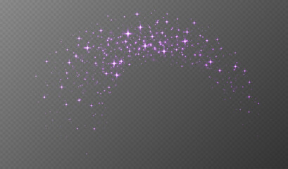 Purple sparkling stars, shiny particles light effect, transparent flying stardust texture, abstract twinkle Christmas decoration. Vector illustration.