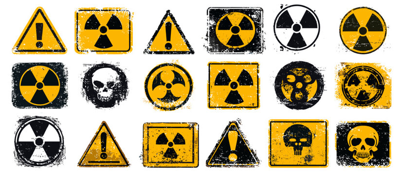 Radiation hazard symbol. Grunge shabby radioactive danger warning sign, toxic waste pollution vector icon