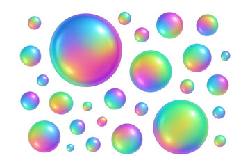 Iridescent soap bubbles variegating in size, gleaming with vibrant colors against transparent surface, embodying playful luminosity