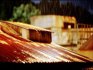 AI-generated atmospheric night scene with heavy rain pouring onto a rusty corrugated metal roof - Powered by Adobe