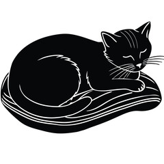 Sleeping cat silhouette curled up on a cushion. Pure black vector isolated on a white background 