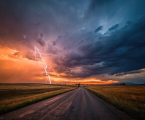 Dramatic storm clouds over a country road at sunset. A vibrant lightning bolt illuminates the fiery orange and purple sky