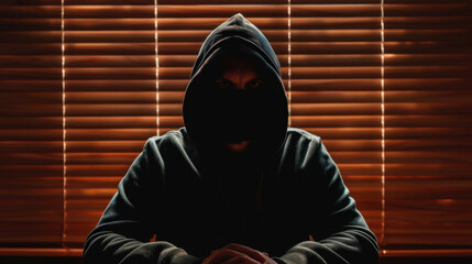 Mysterious figure in dark hoodie sits in front of window with blinds, creating ominous atmosphere. shadows obscure their face, evoking sense of intrigue and suspense