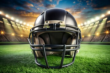 A professional black American football helmet on the vibrant green turf of a stadium field under dramatic evening lights, ready for the big game.