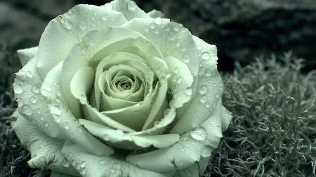Elegant white rose with water droplets surrounded by textured moss and rocks serene and