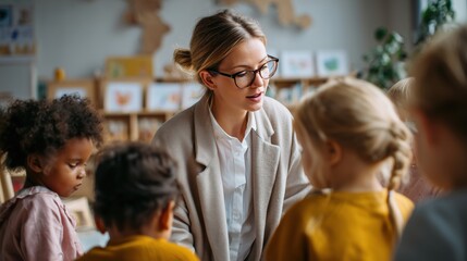 Teacher engages with students in a creative classroom environment during morning activities.