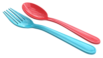 3D high-quality render of spoon and fork cutlery in cartoon plastic style, kitchenware icon, isolated on transparent background 