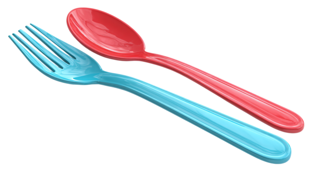 3D high-quality render of spoon and fork cutlery in cartoon plastic style, kitchenware icon, isolated on transparent background