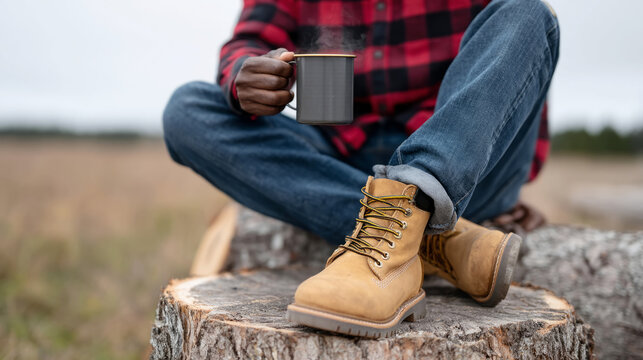 African male in red plaid shirt relaxing on tree stump with hot drink in autumn