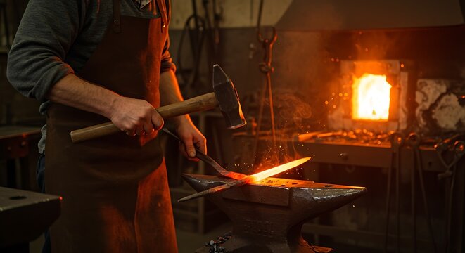 A blacksmith uses a hammer to make a sword on the edge of a hot furnace