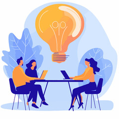 A business team in a meeting for a brainstorming session to find a creative solution. Flat vector concept of collaborative teamwork and innovation.