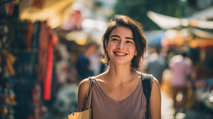 woman on vacation shopping at a local market