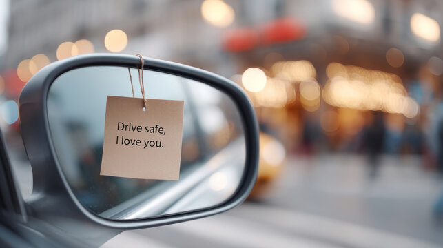 Romantic love note in car mirror with blurred city street background