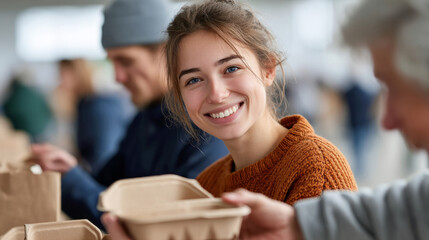 Obraz premium Teen volunteers distributing meals in community service initiative