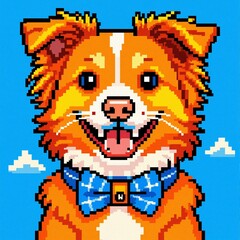Fototapeta premium Adorable pixel art dog, orange fur, blue bow tie. Retro 8-bit happy canine portrait. Cheerful illustration for games and cute designs