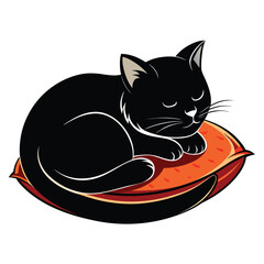 Sleeping cat silhouette curled up on a cushion. Pure black vector isolated on a white background 
