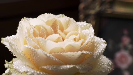 Close-up of a beautiful white rose with water droplets, with blurred background of a framed floral - Powered by Adobe