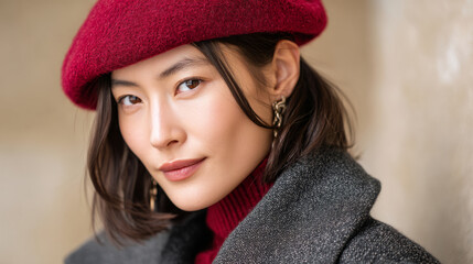 Elegant fashion style with wool beret and textured coat