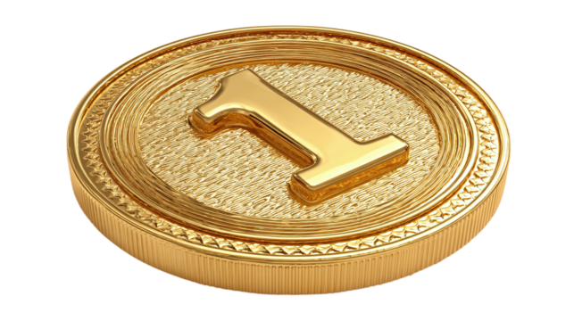 3D gold coin with number 1 in center, cartoon plastic style, award or currency concept, isolated on transparent background 
