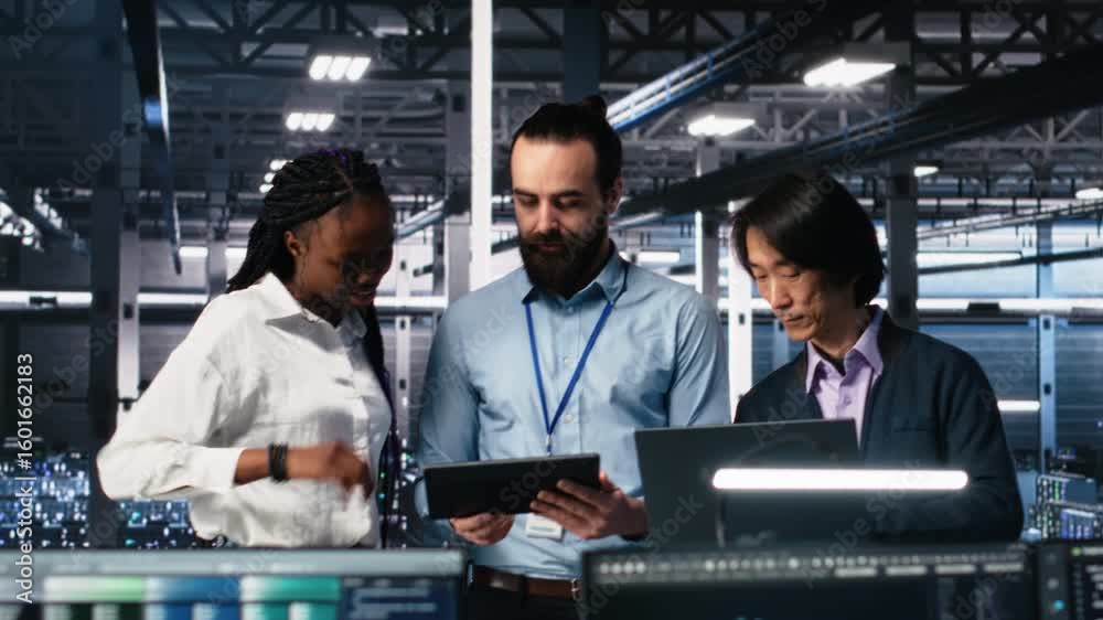 Poster portrait of smiling engineers in server room using ai to review infrastructure diagnostics. cheerful