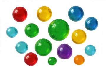 Brightly colored, translucent spheres of varying sizes float against a transparent backdrop, creating a vibrant and playful image