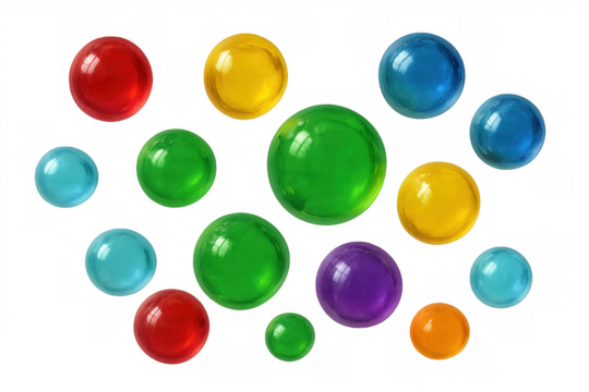 Brightly colored, translucent spheres of varying sizes float against a transparent backdrop, creating a vibrant and playful image