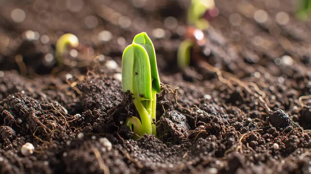 Close Up of a Sprout Emerging from Dark Soil Under Bright Sunlight in Spring