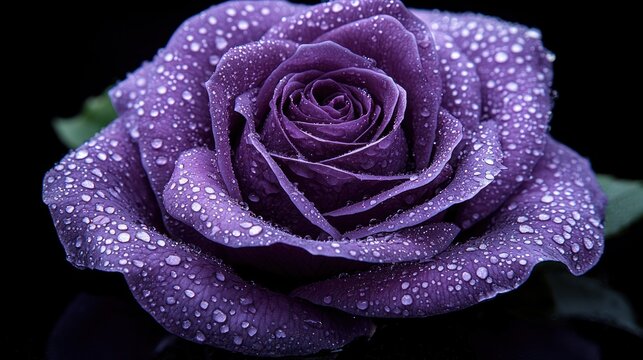 Purple rose covered in dew drops