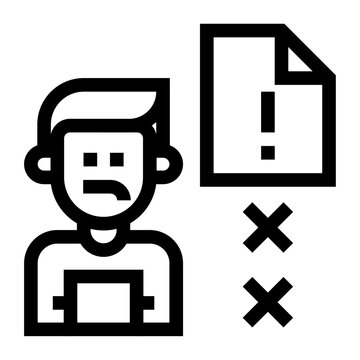 Icono de reporte de incidente. Notificaci&oacute;n de fallos o problemas digitales. Persona frente a su computadora junto a documento con s&iacute;mbolo de alerta. Ilustraci&oacute;n vectorial 