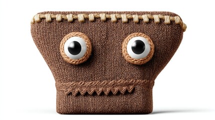 A textured, stitched brown creature head with big googly eyes and zigzag mouth against a white background