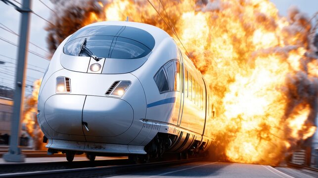 A modern, high-speed passenger train races through a fiery explosion, narrowly escaping a devastating incident, maintaining its speed.