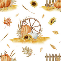 Watercolor seamless Pattern with pumpkins, wheels, sunflowers, and leaves on isolated background. Illustration of rustic fall backdrop for seasonal packaging or textiles. Art for autumn design.