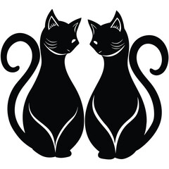  two cats sitting together with tails forming a heart. Romantic cat theme, black vector on white