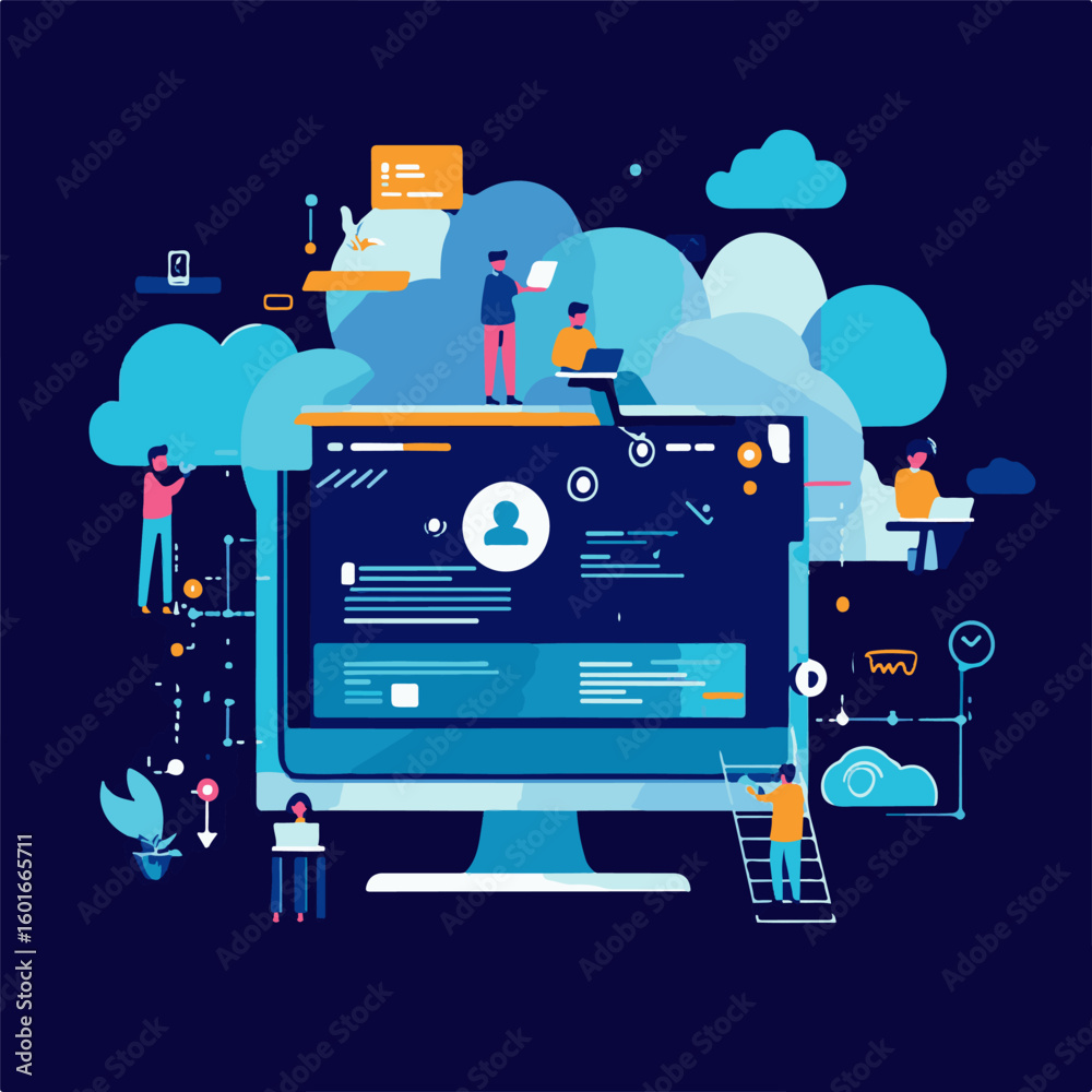 Wall mural flat vector illustration of a business team using cloud computing services and technology for collab