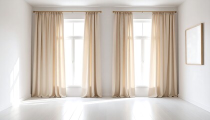 Empty room with large windows and beige curtains (1)