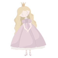 Vector illustration of a little Princess in pastel pink dress with crown and blonde hair. Art of girl for kids birthday party invitation or fairytale greeting cards. Fantasy drawing for nursery poster