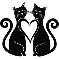  two cats sitting together with tails forming a heart. Romantic cat theme, black vector on white