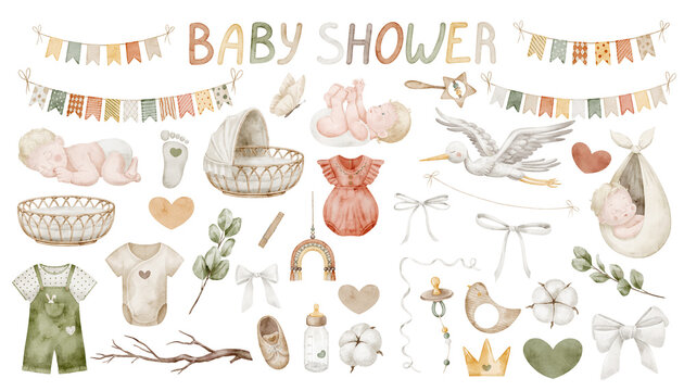 Watercolor set of Baby shower elements in neutral tones: Babies, clothes, accessories, stork, and garlands. Drawing for newborn invitations and childish party greeting card. Art of Infants for nursery