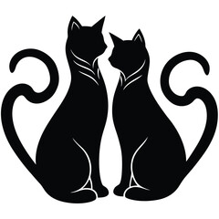  two cats sitting together with tails forming a heart. Romantic cat theme, black vector on white