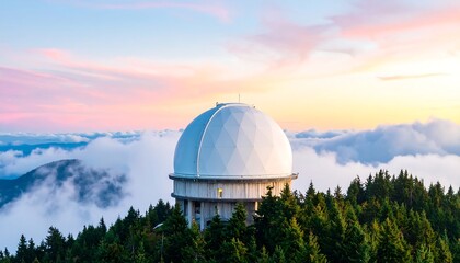 Obraz premium Observatory Dome on Mountain Top Surrounded by Forest and Clouds