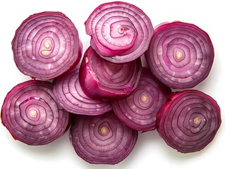 A top-down close-up of several circular slices of red onion arranged in a spiral, isolated on white background