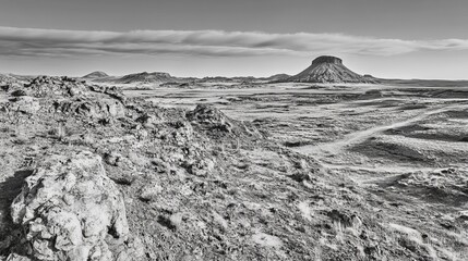 Panoramic black and white landscape of arid, rocky terrain with a distant mesa