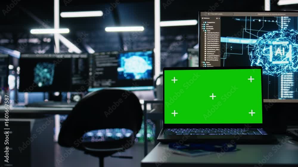 Poster close up of isolated screen laptop in data center used for ai development and machine learning codin