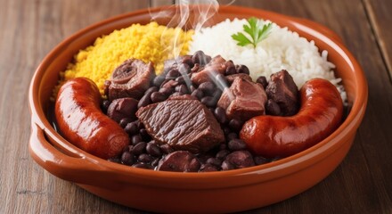 Fototapeta premium A close up of a feijoada dish with black beans meat sausage rice and yellow farofa in a brown bowl