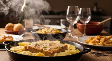 A steaming meal with meat and potatoes served in a pan on a table with wine glasses and other dishes