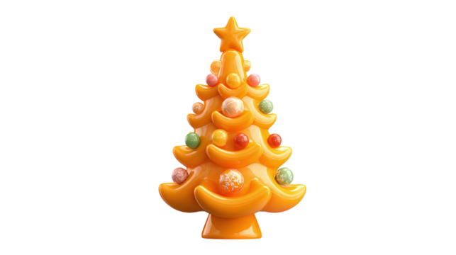 Orange Christmas tree with ornaments cartoon plastic icon isolated on transparent background