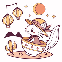 An adorable Axolotl with a Grumpy vibe, sitting in a teacup ride, and a Sundown Glow Desert sunset theme – SVG style