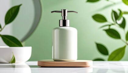 Ceramic Soap Dispenser Mockup With Metallic Pump Floating On Soft Green Background With Natural Light